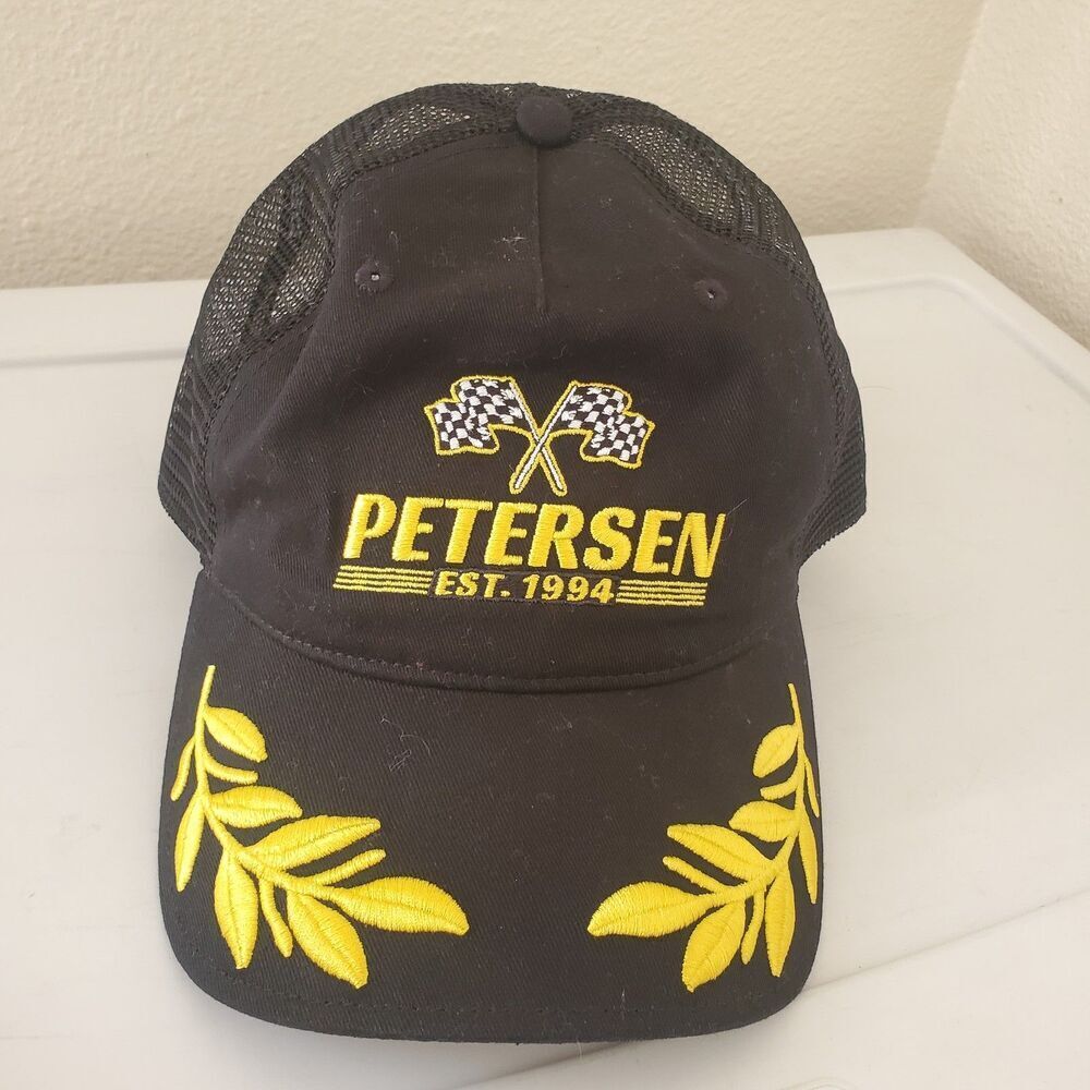 PETERSEN Racing Trucker Hat Black Yellow Embroidered Flags Leaves Snapback Cap